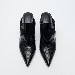 ZARA Black Cut-Out Pointed Toe Heels | Snake Texture | Size 37